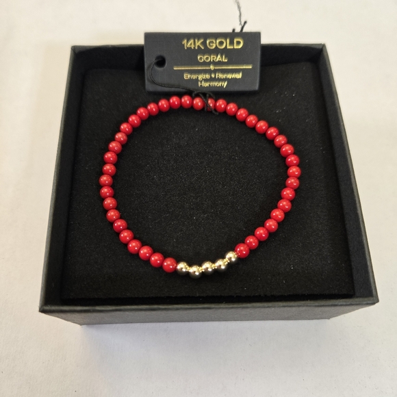 Energie Jewelry - 14kt Solid Yellow Gold Genuine Red Coral Bracelet